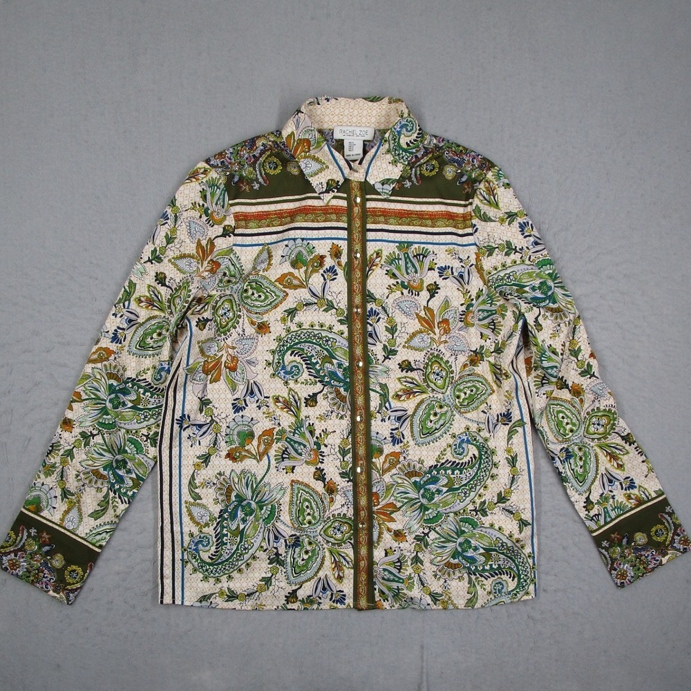 Rachel Zoe Womens Green Paisley Floral Button Down Blouse Shirt Size Small S